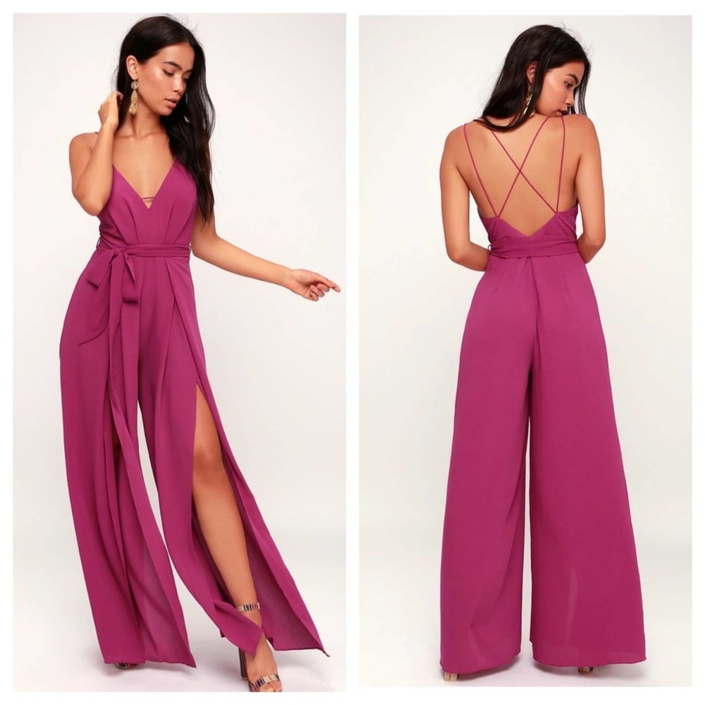 NWT Lulus Hype Dream Magenta Backless Wide Leg Jumpsuit Slit Open Pants …